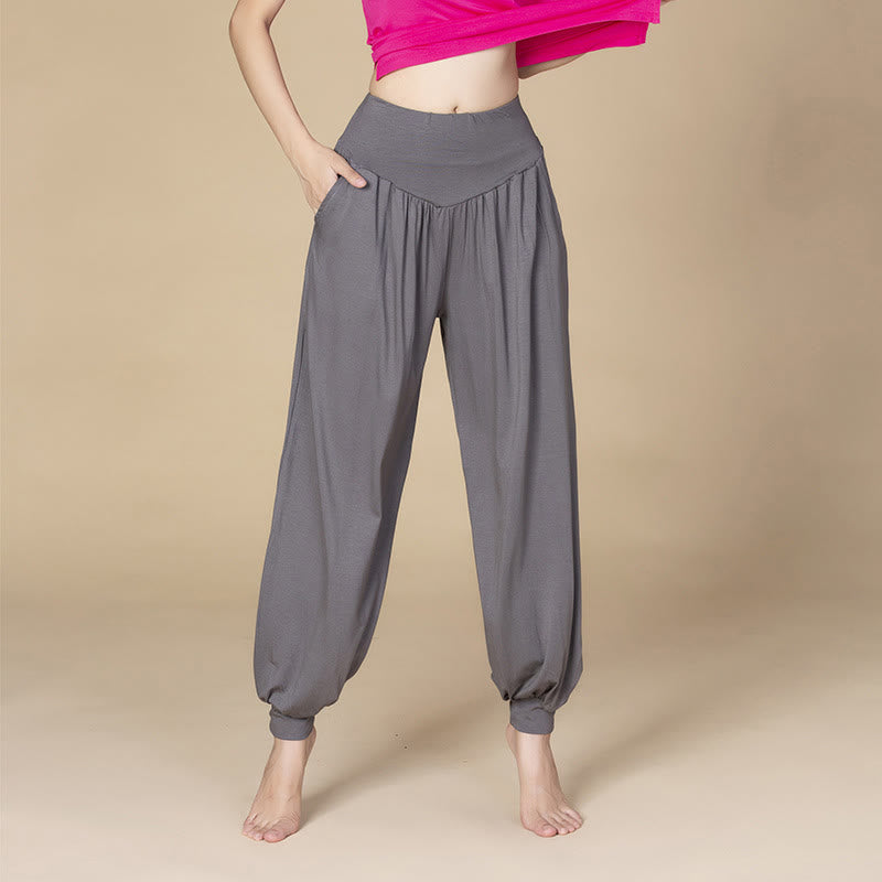 Pantaloni harem a vita alta con tasche, in modal tinta unita, per yoga e danza, Buddha Stones - Grigio scuro - US14, UK/AU18, EU46 (3XL) - image 21