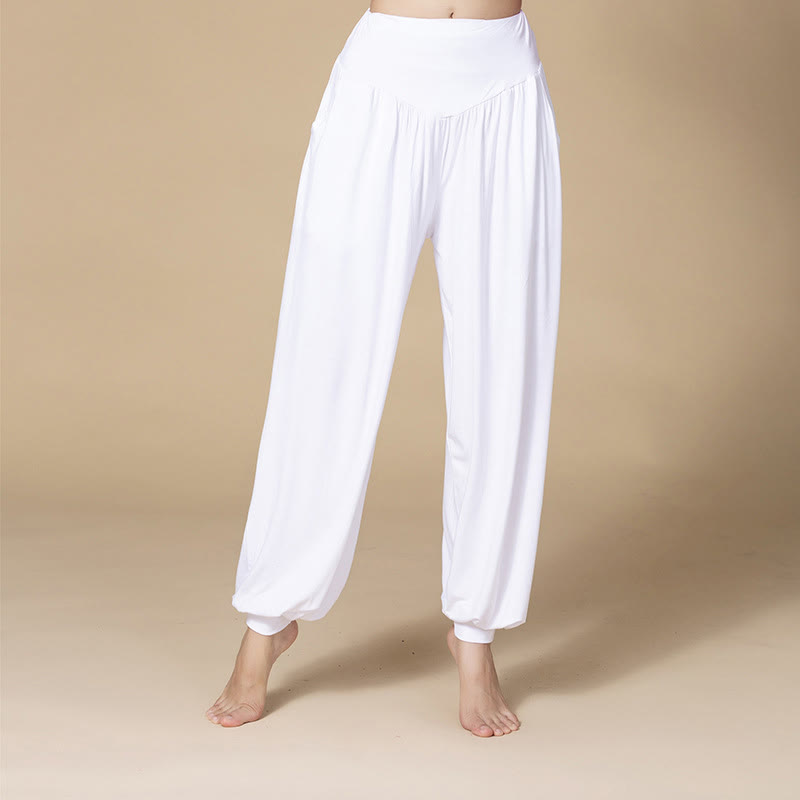 Pantaloni harem a vita alta con tasche, in modal tinta unita, per yoga e danza, Buddha Stones - Bianco - US14, UK/AU18, EU46 (3XL) - image 2