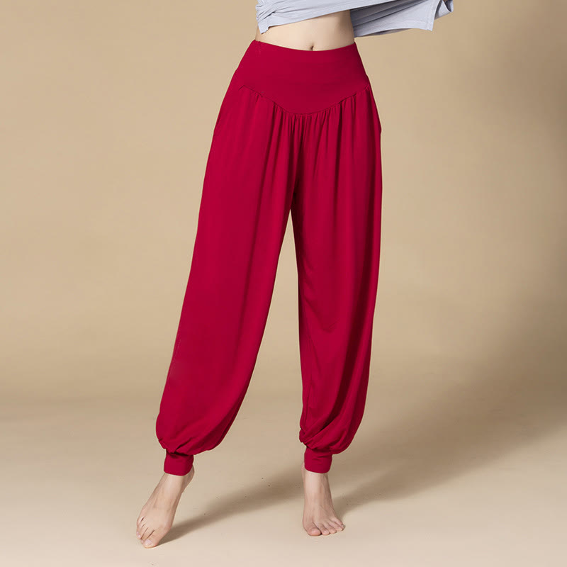Pantaloni harem a vita alta con tasche, in modal tinta unita, per yoga e danza, Buddha Stones - Rosso vino - US14, UK/AU18, EU46 (3XL) - image 18