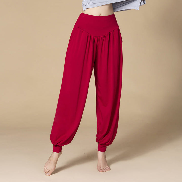 Pantaloni harem a vita alta con tasche, in modal tinta unita, per yoga e danza, Buddha Stones - Rosso vino - US14, UK/AU18, EU46 (3XL) - image 18