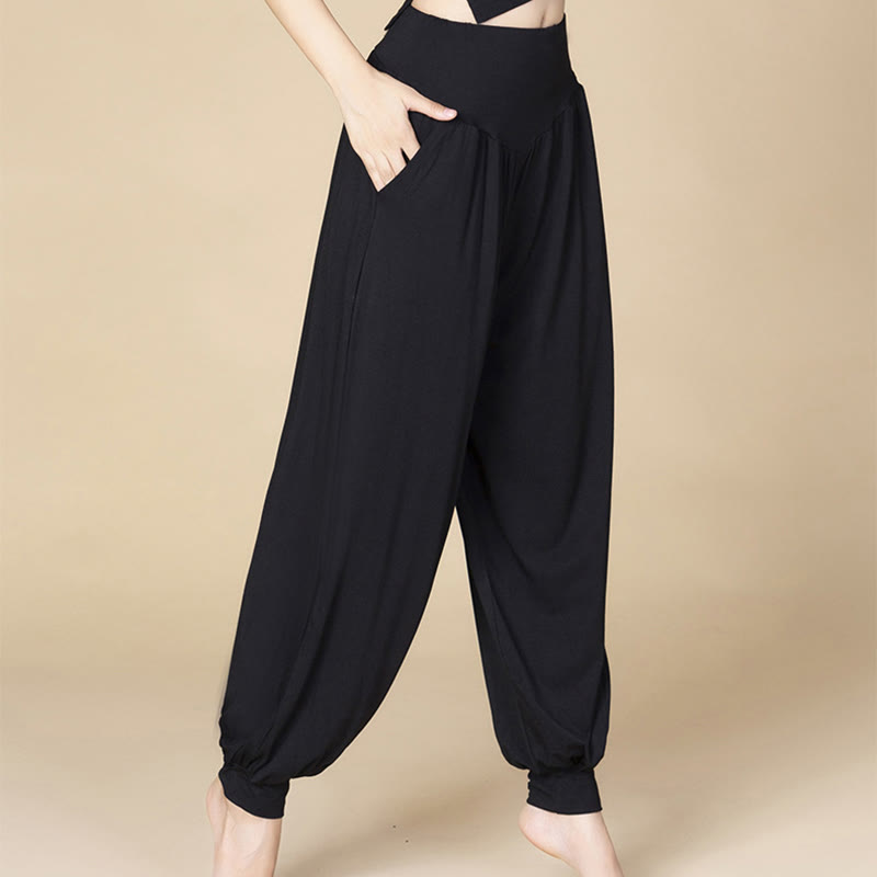 Pantaloni harem a vita alta con tasche, in modal tinta unita, per yoga e danza, Buddha Stones - image 8