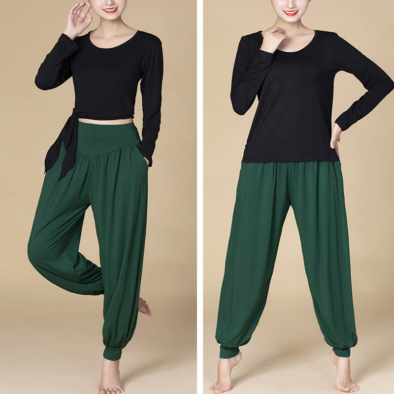 Pantaloni harem a vita alta con tasche, in modal tinta unita, per yoga e danza, Buddha Stones - image 13