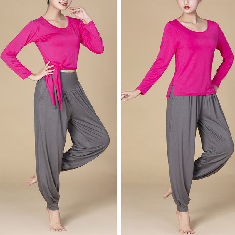 Pantaloni harem a vita alta con tasche, in modal tinta unita, per yoga e danza, Buddha Stones - image 23