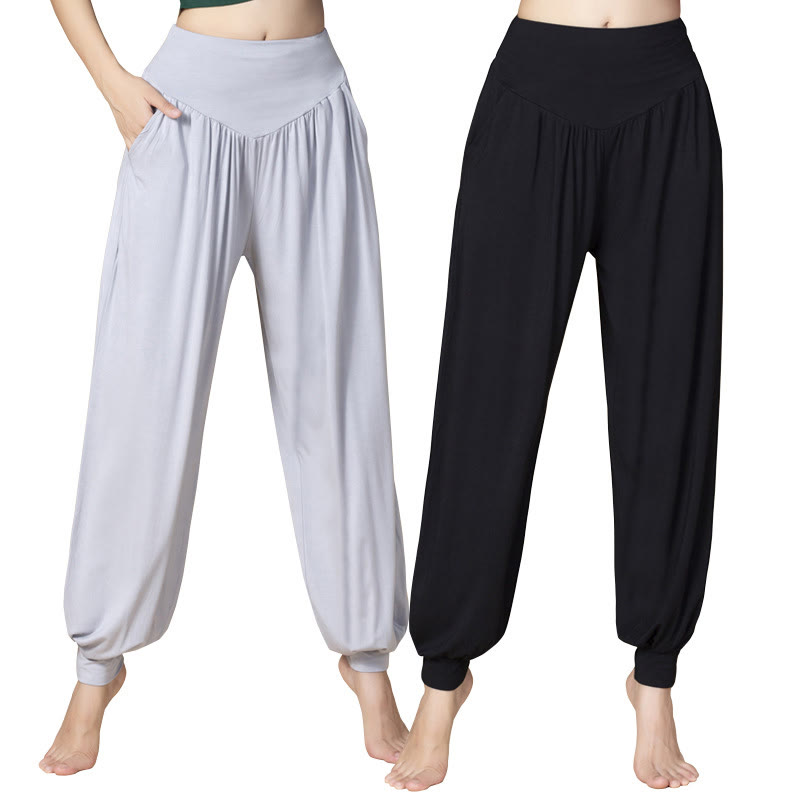 Pantaloni harem a vita alta con tasche, in modal tinta unita, per yoga e danza, Buddha Stones - image 24