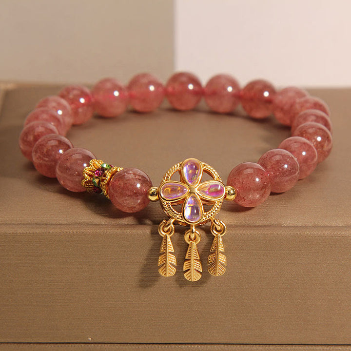 Braccialetto con ciondolo acchiappasogni a forma di quadrifoglio naturale con Buddha Stones e quarzo fragola