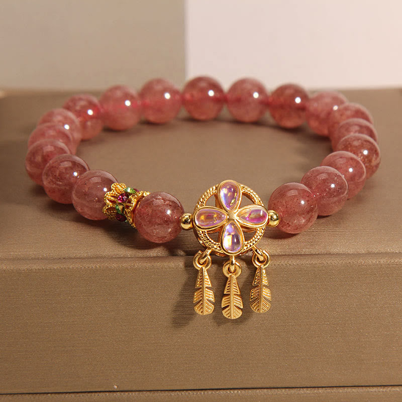 Braccialetto con ciondolo acchiappasogni a forma di quadrifoglio naturale con Buddha Stones e quarzo fragola