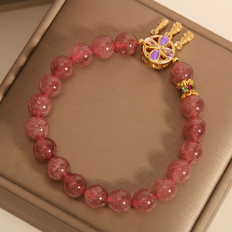 Braccialetto con ciondolo acchiappasogni a forma di quadrifoglio naturale con Buddha Stones e quarzo fragola