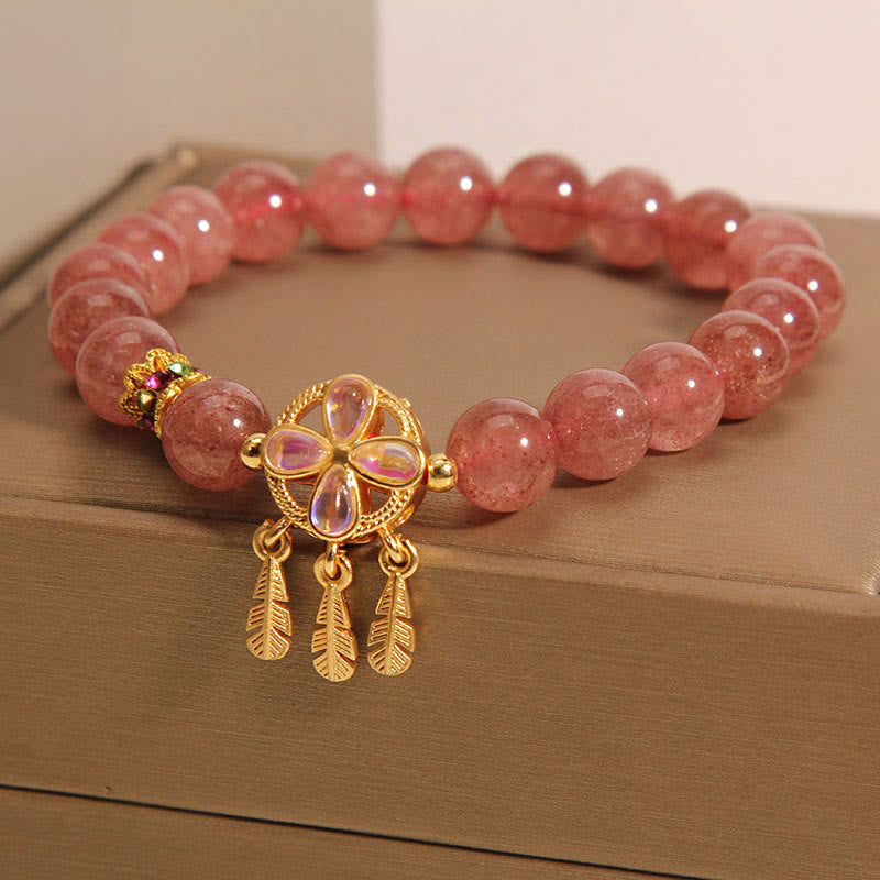 Braccialetto con ciondolo acchiappasogni a forma di quadrifoglio naturale con Buddha Stones e quarzo fragola