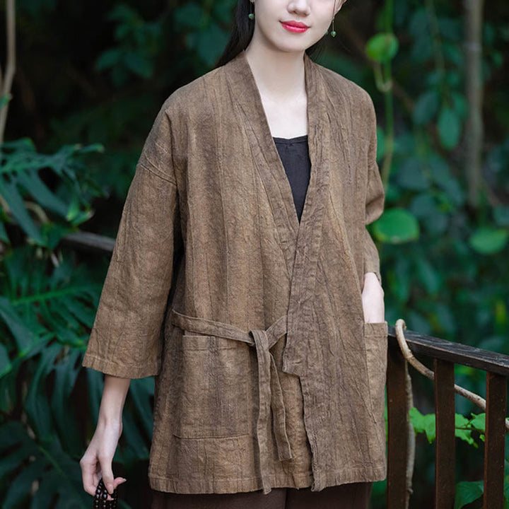 Cappotto in lino ramiè con maniche a tre quarti e design Hanfu Buddha Stones, giacca aperta sul davanti - image 15