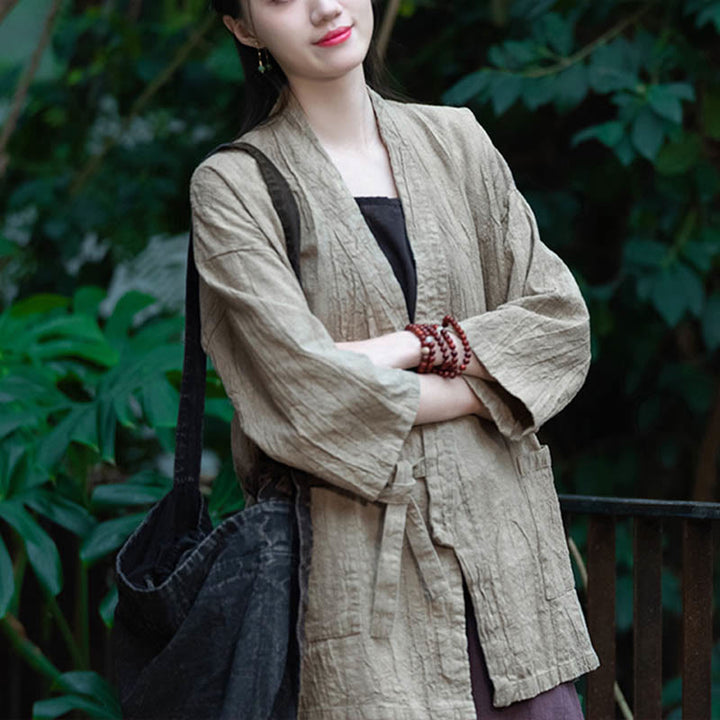 Cappotto in lino ramiè con maniche a tre quarti e design Hanfu Buddha Stones, giacca aperta sul davanti - image 1