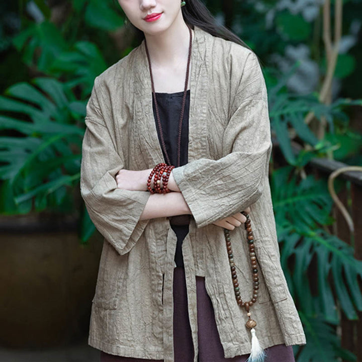 Cappotto in lino ramiè con maniche a tre quarti e design Hanfu Buddha Stones, giacca aperta sul davanti - image 5