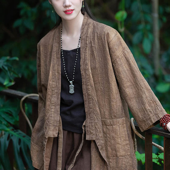 Cappotto in lino ramiè con maniche a tre quarti e design Hanfu Buddha Stones, giacca aperta sul davanti - image 18