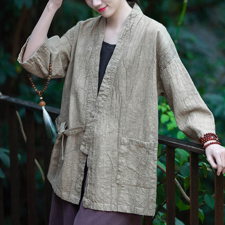 Cappotto in lino ramiè con maniche a tre quarti e design Hanfu Buddha Stones, giacca aperta sul davanti - image 3