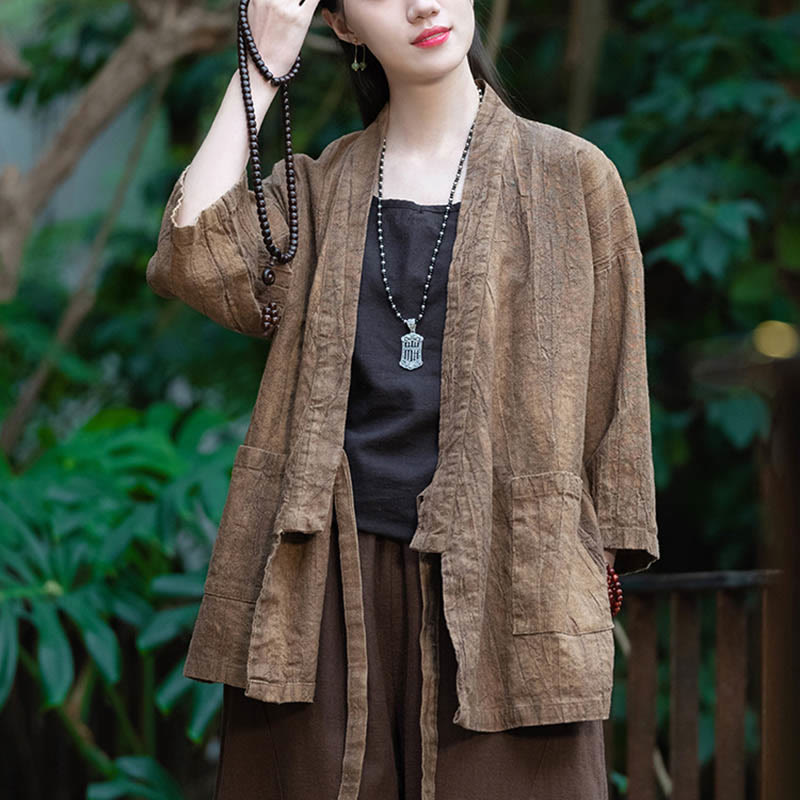 Cappotto in lino ramiè con maniche a tre quarti e design Hanfu Buddha Stones, giacca aperta sul davanti - image 14
