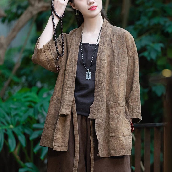 Cappotto in lino ramiè con maniche a tre quarti e design Hanfu Buddha Stones, giacca aperta sul davanti - image 14
