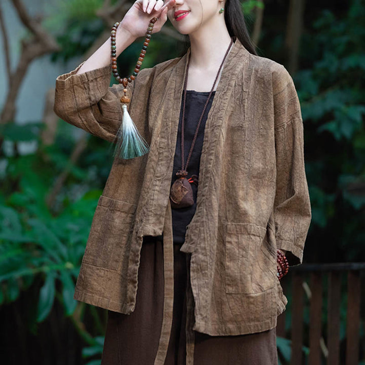 Cappotto in lino ramiè con maniche a tre quarti e design Hanfu Buddha Stones, giacca aperta sul davanti - image 22