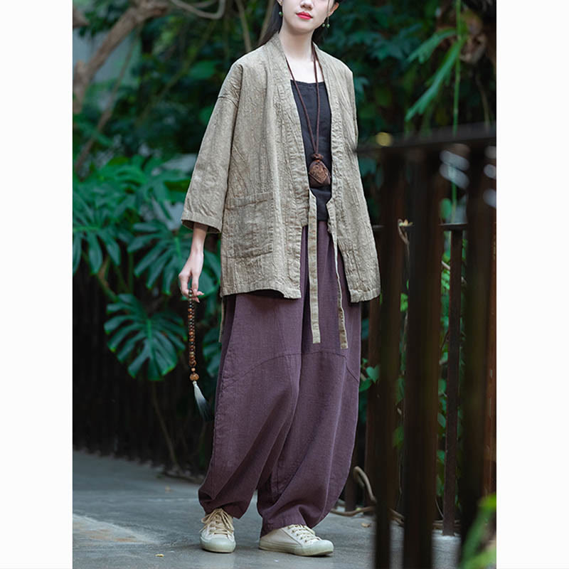 Cappotto in lino ramiè con maniche a tre quarti e design Hanfu Buddha Stones, giacca aperta sul davanti - image 9