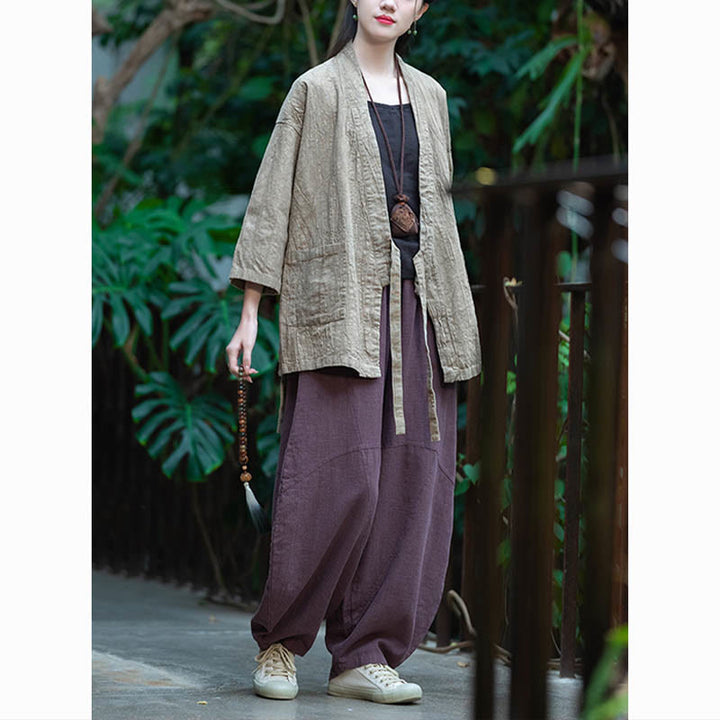 Cappotto in lino ramiè con maniche a tre quarti e design Hanfu Buddha Stones, giacca aperta sul davanti - image 9