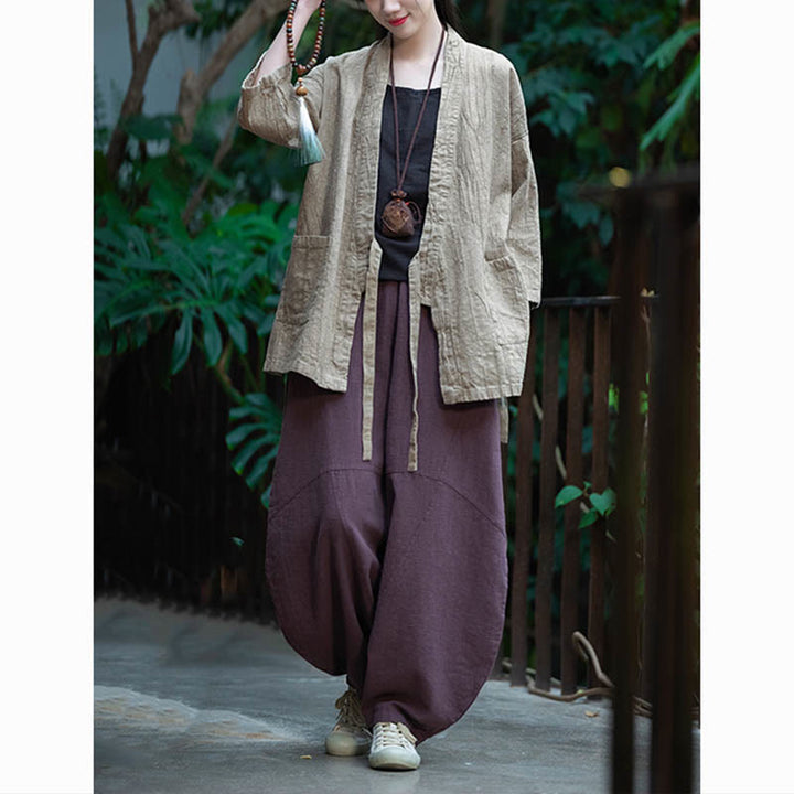 Cappotto in lino ramiè con maniche a tre quarti e design Hanfu Buddha Stones, giacca aperta sul davanti - image 10