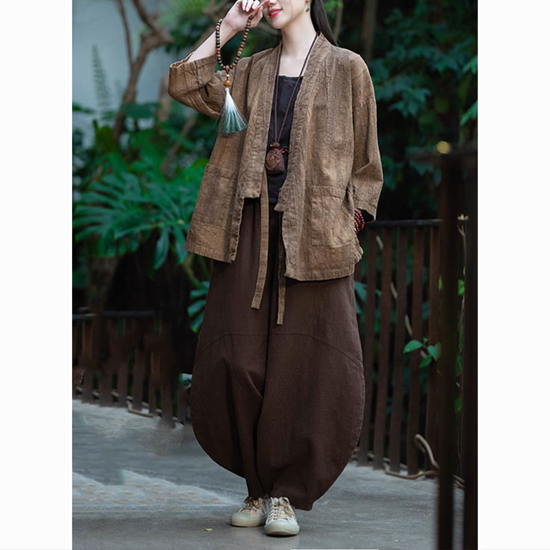 Cappotto in lino ramiè con maniche a tre quarti e design Hanfu Buddha Stones, giacca aperta sul davanti - image 23