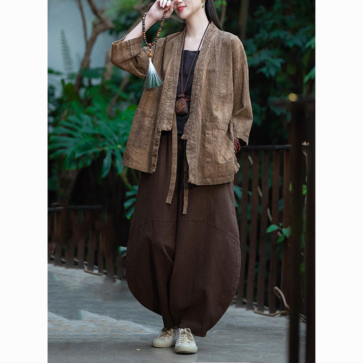 Cappotto in lino ramiè con maniche a tre quarti e design Hanfu Buddha Stones, giacca aperta sul davanti - image 23