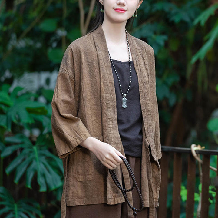 Cappotto in lino ramiè con maniche a tre quarti e design Hanfu Buddha Stones, giacca aperta sul davanti - image 20