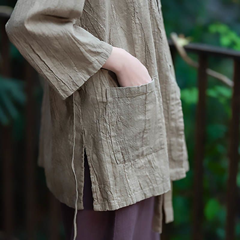 Cappotto in lino ramiè con maniche a tre quarti e design Hanfu Buddha Stones, giacca aperta sul davanti - image 11
