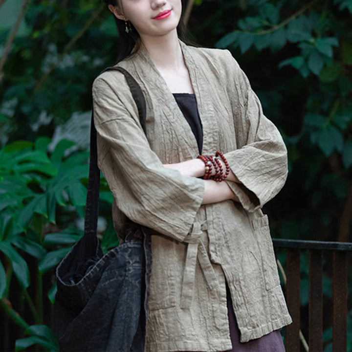 Cappotto in lino ramiè con maniche a tre quarti e design Hanfu Buddha Stones, giacca aperta sul davanti - image 6