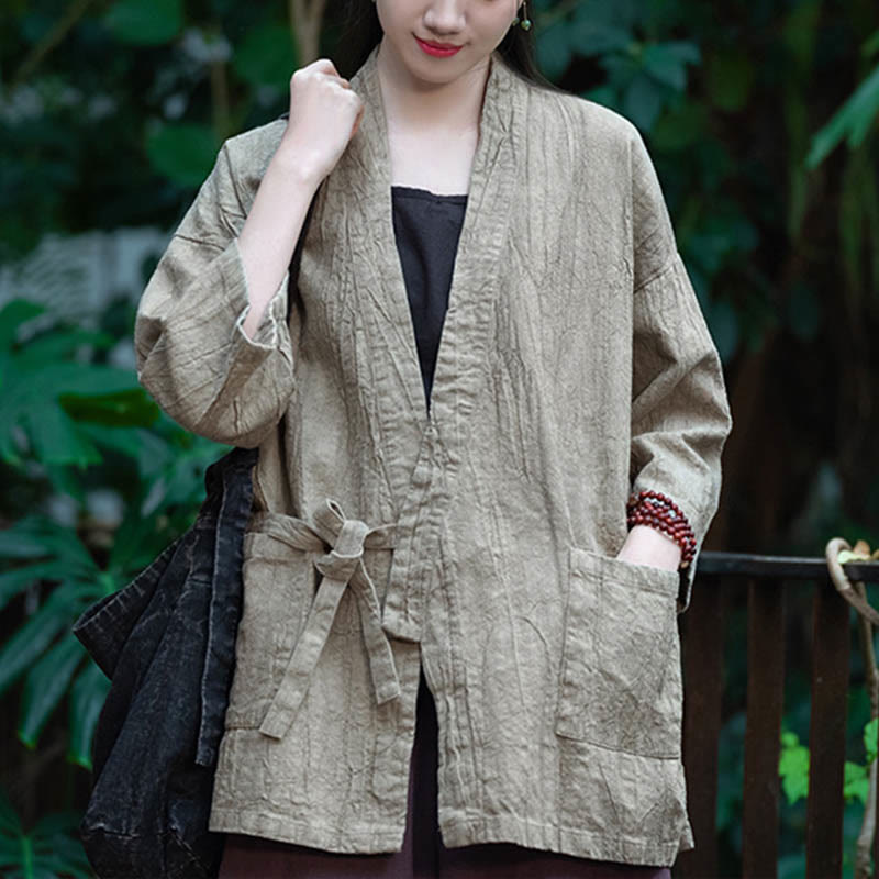 Cappotto in lino ramiè con maniche a tre quarti e design Hanfu Buddha Stones, giacca aperta sul davanti - image 8
