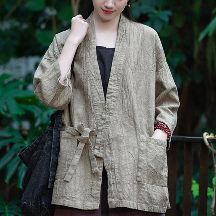 Cappotto in lino ramiè con maniche a tre quarti e design Hanfu Buddha Stones, giacca aperta sul davanti - image 8