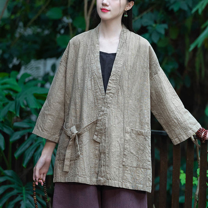 Cappotto in lino ramiè con maniche a tre quarti e design Hanfu Buddha Stones, giacca aperta sul davanti - image 4