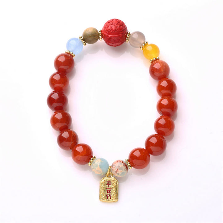 Buddha Stones Agata rossa naturale Talismano della pace Fu Carattere Drago Coda Braccialetto con ciondolo di fiducia