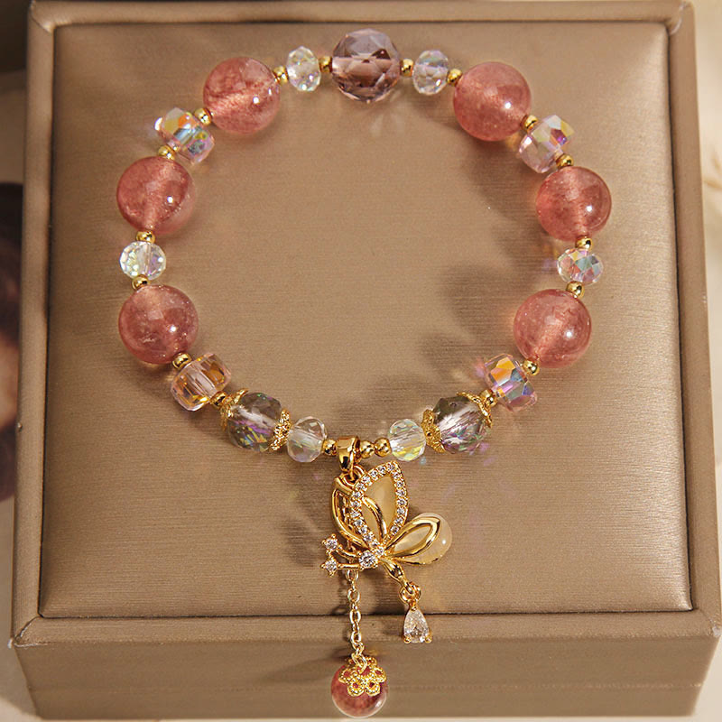 Braccialetto con ciondolo a farfalla positivo con guarigione naturale al quarzo fragola Buddha Stones