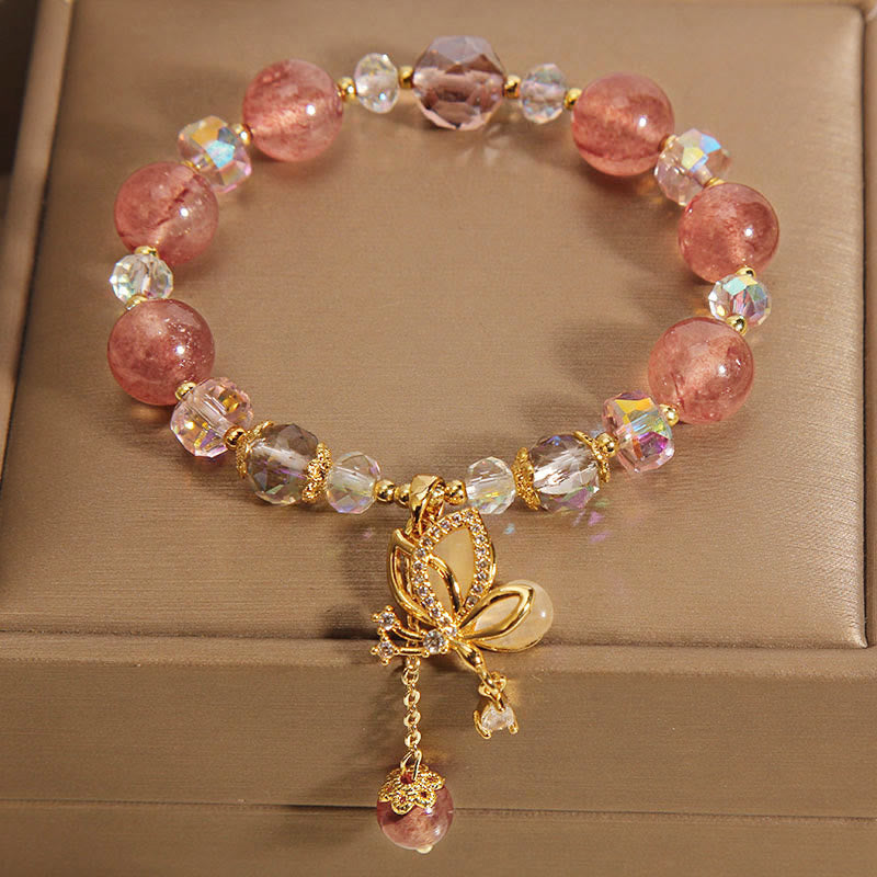 Braccialetto con ciondolo a farfalla positivo con guarigione naturale al quarzo fragola Buddha Stones
