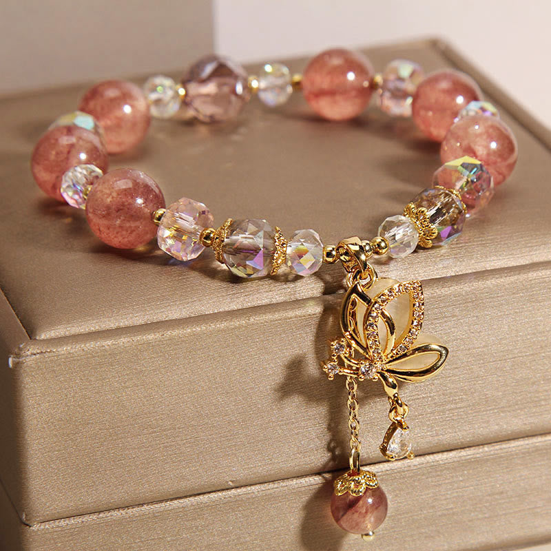 Braccialetto con ciondolo a farfalla positivo con guarigione naturale al quarzo fragola Buddha Stones