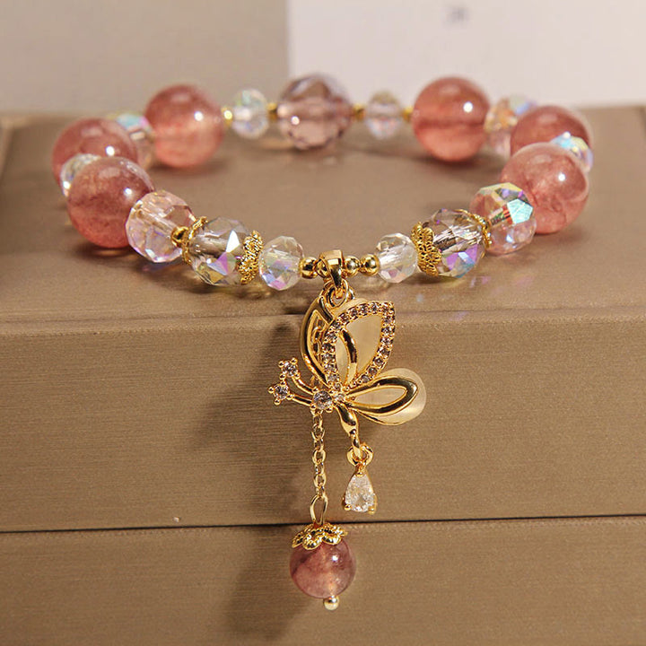 Braccialetto con ciondolo a farfalla positivo con guarigione naturale al quarzo fragola Buddha Stones