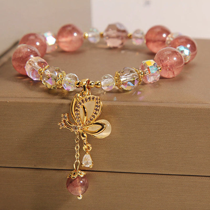 Braccialetto con ciondolo a farfalla positivo con guarigione naturale al quarzo fragola Buddha Stones