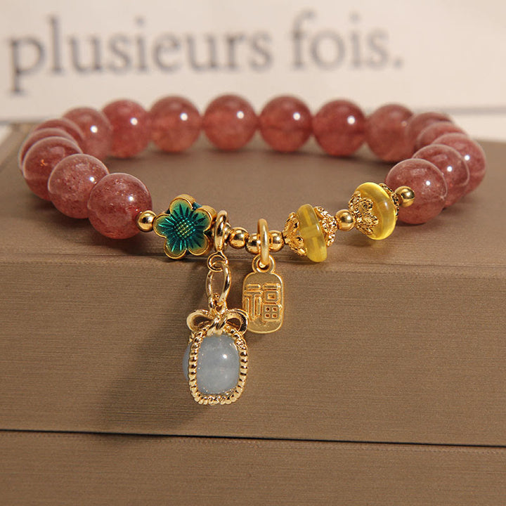 Buddha Stones Naturale Quarzo Fragola Cristallo Acquamarina Fortune Brand Bracciale Amore