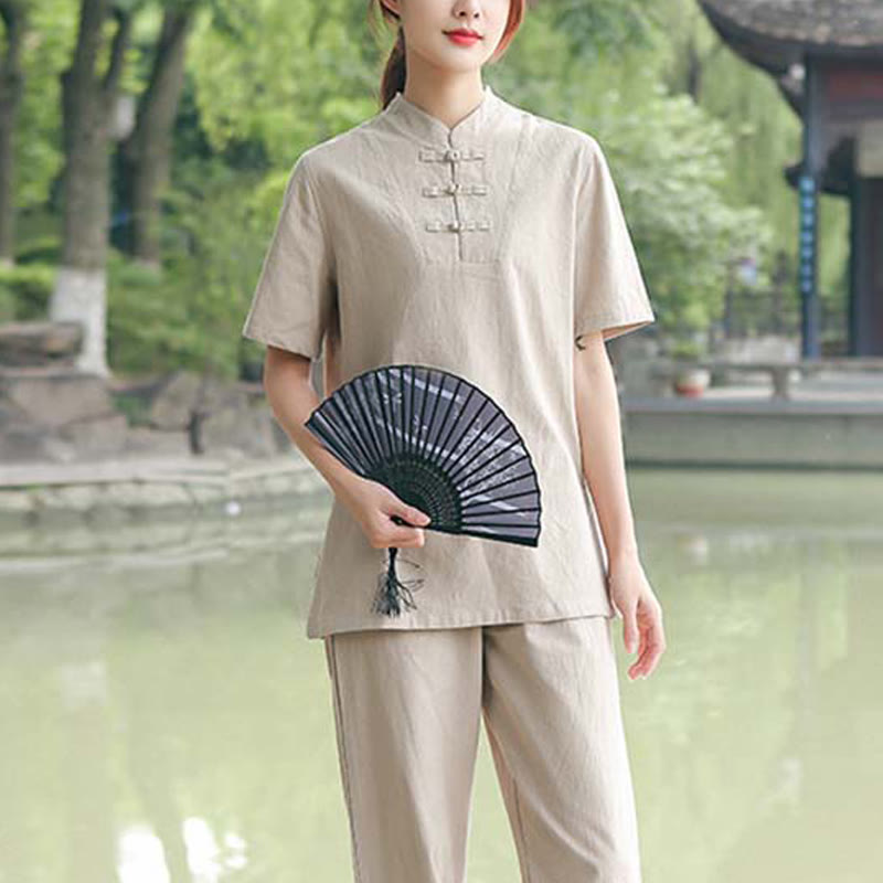 Set di abbigliamento da donna in cotone e lino con motivo Buddha Stones , composto da maglietta a maniche corte e pantaloni, ideale per meditazione, zen e tai chi. - image 1