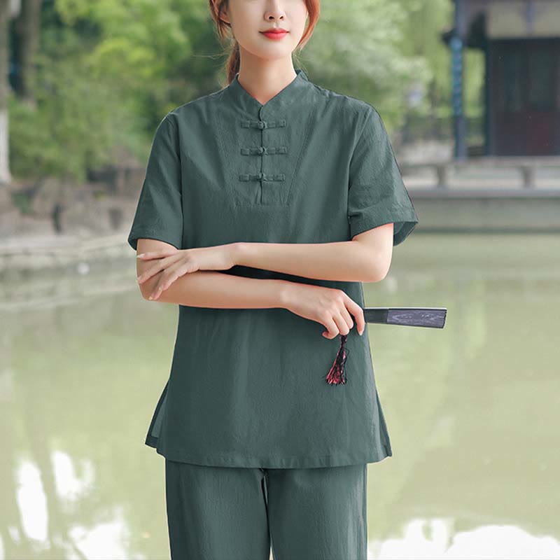 Set di abbigliamento da donna in cotone e lino con motivo Buddha Stones , composto da maglietta a maniche corte e pantaloni, ideale per meditazione, zen e tai chi. - Verde scuro (maglia e pantaloni) - US18, UK/AU22, EU50 (6XL) - image 11