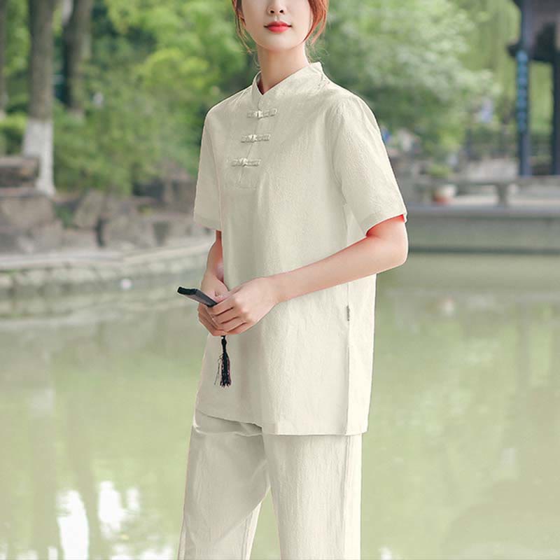 Set di abbigliamento da donna in cotone e lino con motivo Buddha Stones , composto da maglietta a maniche corte e pantaloni, ideale per meditazione, zen e tai chi. - Beige (maglietta e pantaloni) - US18, UK/AU22, EU50 (6XL) - image 4