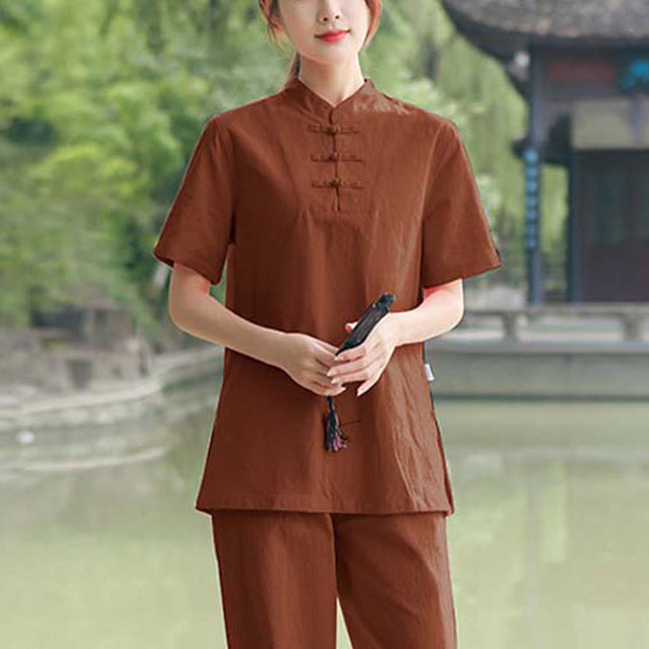 Set di abbigliamento da donna in cotone e lino con motivo Buddha Stones , composto da maglietta a maniche corte e pantaloni, ideale per meditazione, zen e tai chi. - Marrone (maglietta e pantaloni) - US18, UK/AU22, EU50 (6XL) - image 9