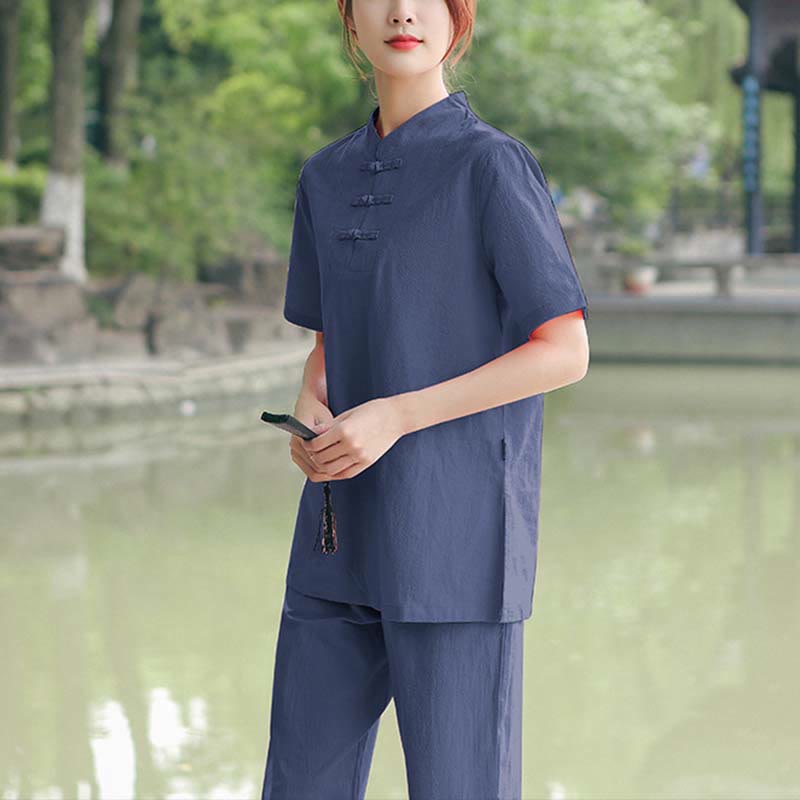 Set di abbigliamento da donna in cotone e lino con motivo Buddha Stones , composto da maglietta a maniche corte e pantaloni, ideale per meditazione, zen e tai chi. - Blu scuro (maglia e pantaloni) - US18, UK/AU22, EU50 (6XL) - image 8