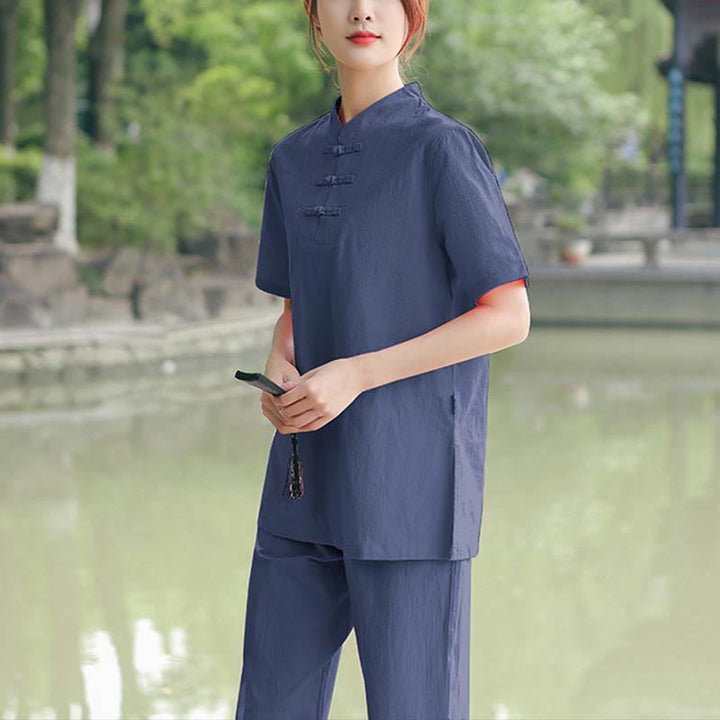 Set di abbigliamento da donna in cotone e lino con motivo Buddha Stones , composto da maglietta a maniche corte e pantaloni, ideale per meditazione, zen e tai chi. - Blu scuro (maglia e pantaloni) - US18, UK/AU22, EU50 (6XL) - image 8