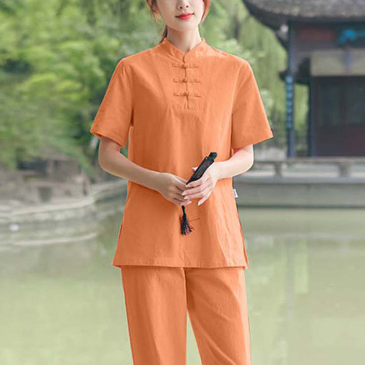 Set di abbigliamento da donna in cotone e lino con motivo Buddha Stones , composto da maglietta a maniche corte e pantaloni, ideale per meditazione, zen e tai chi. - Arancione (maglietta e pantaloni) - US18, UK/AU22, EU50 (6XL) - image 5