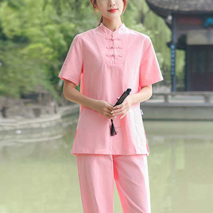 Set di abbigliamento da donna in cotone e lino con motivo Buddha Stones , composto da maglietta a maniche corte e pantaloni, ideale per meditazione, zen e tai chi. - Rosa (maglietta e pantaloni) - US18, UK/AU22, EU50 (6XL) - image 10