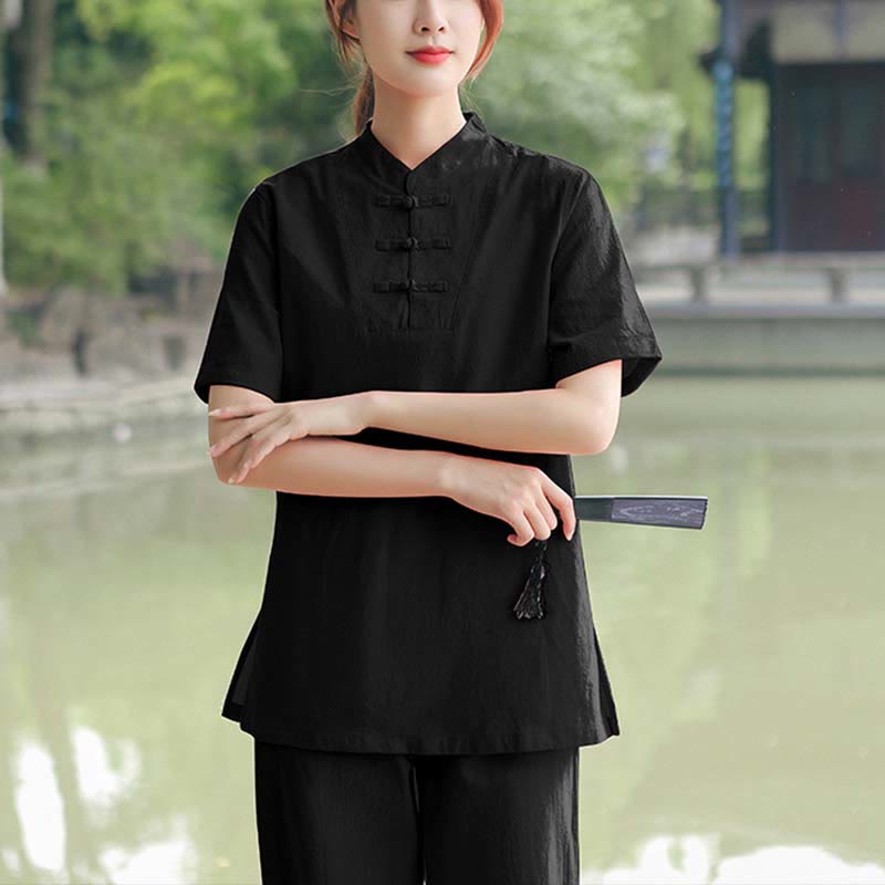 Set di abbigliamento da donna in cotone e lino con motivo Buddha Stones , composto da maglietta a maniche corte e pantaloni, ideale per meditazione, zen e tai chi. - Nero (maglietta e pantaloni) - US18, UK/AU22, EU50 (6XL) - image 12