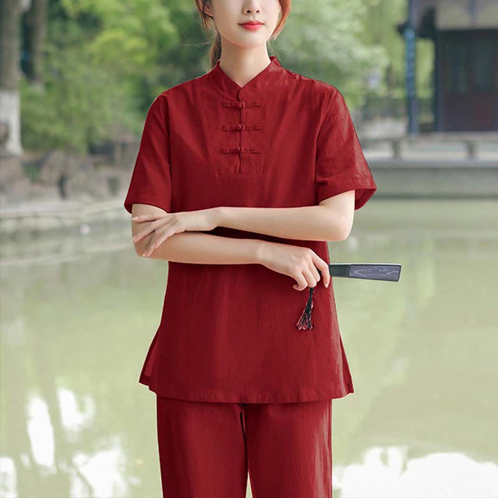 Set di abbigliamento da donna in cotone e lino con motivo Buddha Stones , composto da maglietta a maniche corte e pantaloni, ideale per meditazione, zen e tai chi. - Borgogna (maglia e pantaloni) - US18, UK/AU22, EU50 (6XL) - image 6
