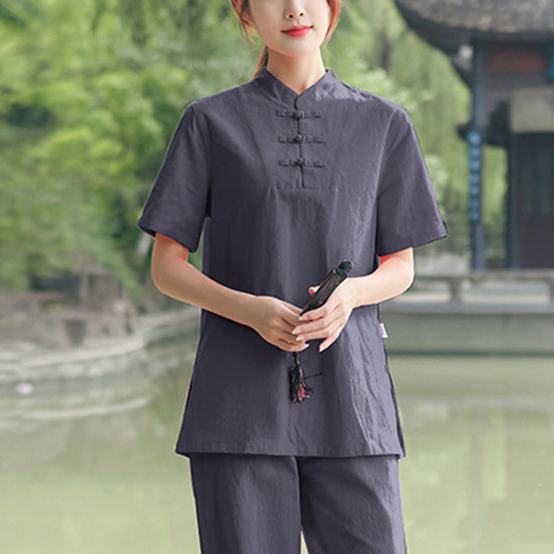 Set di abbigliamento da donna in cotone e lino con motivo Buddha Stones , composto da maglietta a maniche corte e pantaloni, ideale per meditazione, zen e tai chi. - Grigio (maglia e pantaloni) - US18, UK/AU22, EU50 (6XL) - image 3