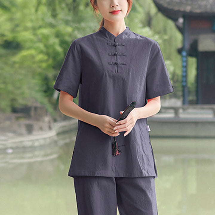 Set di abbigliamento da donna in cotone e lino con motivo Buddha Stones , composto da maglietta a maniche corte e pantaloni, ideale per meditazione, zen e tai chi. - Grigio (maglia e pantaloni) - US18, UK/AU22, EU50 (6XL) - image 3